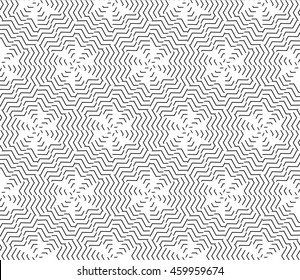 Sophisticated seamless pattern of various geometric elements woven on a hexagonal grid. Application for interior design, printing, wallpaper, textile industry