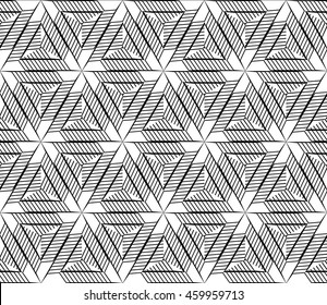 Sophisticated seamless pattern of various geometric elements woven on a hexagonal grid. Application for interior design, printing, wallpaper, textile industry