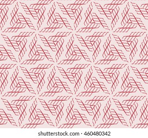 Sophisticated seamless pattern of various geometric elements woven on a hexagonal grid. Application for interior design, printing, wallpaper, textile industry. pink shades on a light pink background