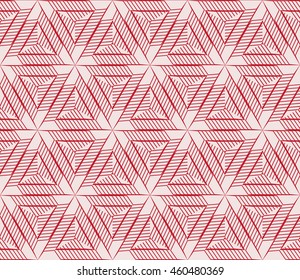 Sophisticated seamless pattern of various geometric elements woven on a hexagonal grid. Application for interior design, printing, wallpaper, textile industry. pink shades on a light pink background