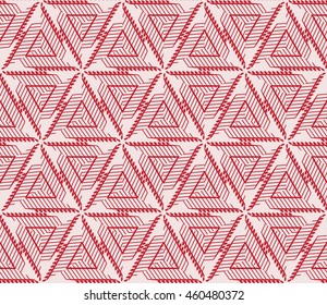 Sophisticated seamless pattern of various geometric elements woven on a hexagonal grid. Application for interior design, printing, wallpaper, textile industry. pink shades on a light pink background