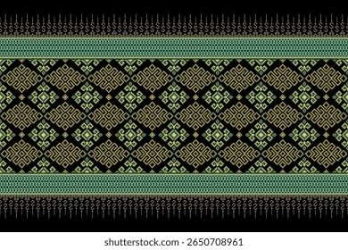 A sophisticated seamless pixel art pattern,ethnic geometric motifs in golden yellow and forest green on a black background, with detailed border designs. Ideal for textile accents,apparel,cultural
