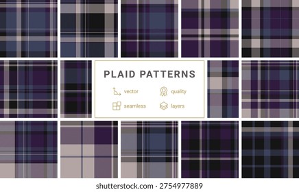 Sophisticated seamless plaid pattern featuring a modern blend of deep purple, navy blue, and grey tones. Ideal for textile design, digital backgrounds, and fashionforward branding projects.