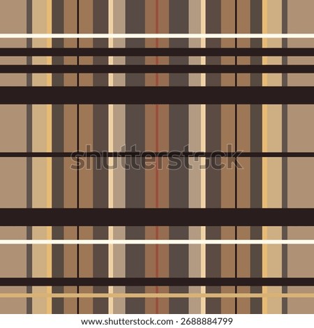 sophisticated seamless plaid pattern in a warm, earthy palette. This vector background features intersecting brown, beige, and black stripes, accented by a fine red line for a classic, luxurious feel.