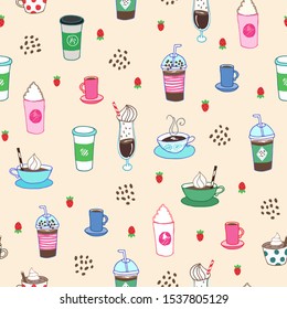 Sophisticated seamless repeat pattern with different hand drawn coffee cups and mugs, coffee beans on a cream background