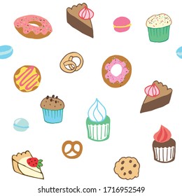 Sophisticated seamless repeat pattern with different hand drawn delicious sweet treats, pastries, muffins, cupcakes, donuts, macaroons, dessert