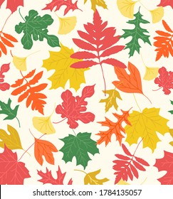 Sophisticated seamless repeat pattern with softly bleached bright colorful leaves silhouettes on a cream background	

