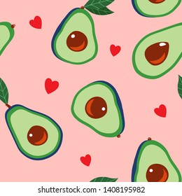 Sophisticated seamless repeat pattern in trendy colors with tossed green avocado halves and little red hearts on a pink background