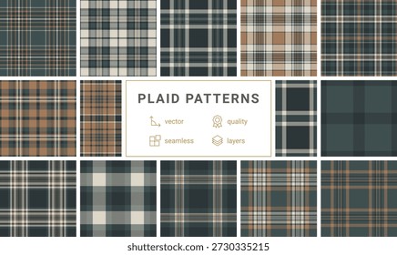 Anspruchsvolles nahtloses Tartan-Plaid-Muster in Waldgrün und Warmbraun. Ein zeitloses Textildesign, ideal für klassische Mode, rustikales Dekor, saisonale Markenbildung und elegante digitale Tapeten.