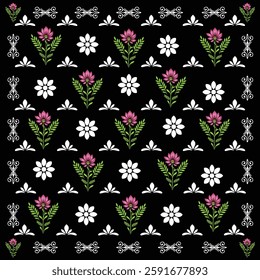 A sophisticated and seamless textile pattern featuring intricate floral motifs with vibrant pink flowers, lush green leaves, and delicate white ornamental details against a deep black background.