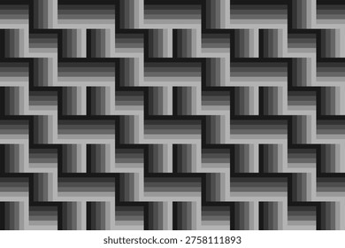 A sophisticated seamless vector pattern featuring a monochromatic black, grey, and white basket weave design. This geometric illustration uses linear gradients to create a 3D woven texture effect. Perfect for professional corporate backgrounds, minimalist branding, luxury packaging, architectural surfaces, and modern digital wallpapers.
