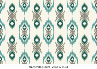 A sophisticated seamless vector pattern inspired by traditional Ikat (Mudmee) weaving. The design features intricate geometric motifs and tribal ornaments in a refined palette of turquoise, mint green, and taupe brown on a neutral cream base. Its characteristic feathered edges give it an authentic, handcrafted look. This elegant textile design is perfect for high-end fashion, luxury home decor, upholstery, and sophisticated branding projects.