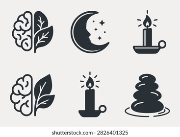 A sophisticated series of flat design icons focused on mental health and spiritual wellness displaying a stylized brain with foliage a moon with stars a burning candle and a stack of balanced zen river stones.