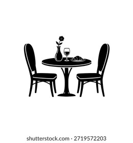 Eine raffinierte Silhouette eines Esstisches für zwei Personen mit Stühlen, einer Vase mit Blume, einem Weinglas und einem Teller, perfekt für ein romantisches oder feines Essthema.