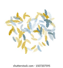 Sophisticated silver gold feathers vector background. Falling feather elements soft vector design. Easy plumelet ethnic indian graphics. Angel wing plumage concept.