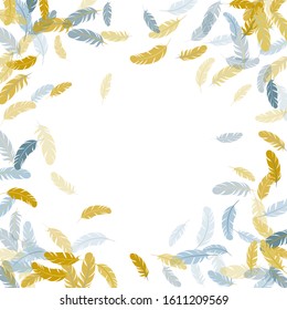 Sophisticated silver gold feathers vector background. Angel wing plumage concept. Lightweigt plumelet windy floating pattern. Flying feather elements airy vector design.