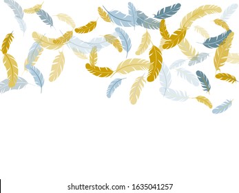 Sophisticated silver gold feathers vector background. Bird wing plumage boho line art. Soft plumelet native indian ornament. Flying feather elements airy vector design.