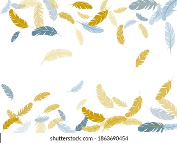 Sophisticated silver gold feathers vector background. Detailed majestic feather on white design. Easy plumelet ethnic indian graphics. Wildlife nature isolated plumage.