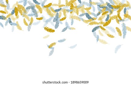 Sophisticated silver gold feathers vector background. Decorative confetti of festive plumelet. Flying feather elements airy vector design. Wildlife nature isolated plumage.