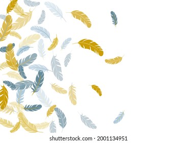 Sophisticated silver gold feathers vector background. Fluffy twirled feathers on white design. Soft plumelet native indian ornament. Angel wing plumage concept.