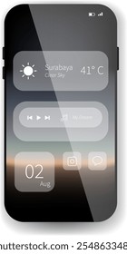 Un sofisticado diseño de pantalla de inicio de smartphone con widgets transparentes que muestran información del Clima, controles de reproducción de música y un calendario.