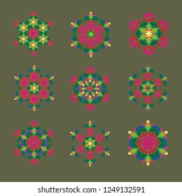 Sophisticated snowflake design element. Line structure minimal vector decor. Set mandala style Christmas or New Year snowflake.