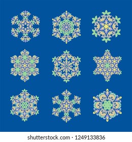 Sophisticated snowflake design element. Line structure minimal vector decor. Set mandala style Christmas or New Year snowflake.