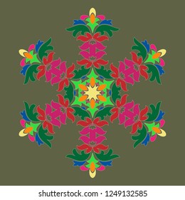 Sophisticated snowflake design element on Terrarium Moss background. Line structure minimal vector decor. Set mandala style Christmas or New Year snowflake.