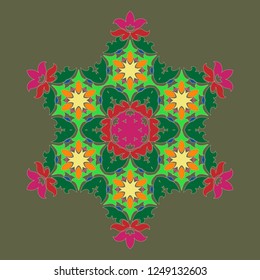 Sophisticated snowflake design element on Terrarium Moss background. Line structure minimal vector decor. Set mandala style Christmas or New Year snowflake.