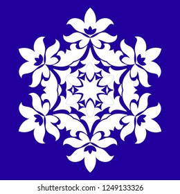 Sophisticated snowflake design element on Blue background. Line structure minimal vector decor. Set mandala style Christmas or New Year snowflake.