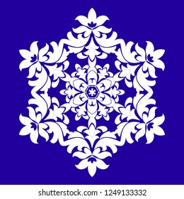 Sophisticated snowflake design element on Blue background. Line structure minimal vector decor. Set mandala style Christmas or New Year snowflake.