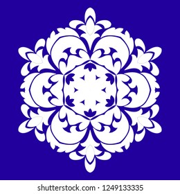 Sophisticated snowflake design element on Blue background. Line structure minimal vector decor. Set mandala style Christmas or New Year snowflake.