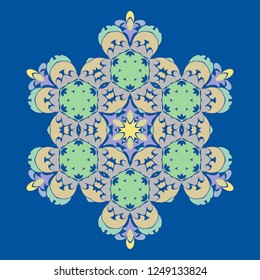 Sophisticated snowflake design element on Princess Blue background. Line structure minimal vector decor. Set mandala style Christmas or New Year snowflake.