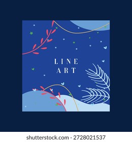 Un sofisticado diseño cuadrado con el texto "LINE ART" sobre un fondo azul marino profundo. La composición está acentuada con caprichosas Formas abstractas de color azul claro, delicadas ramas botánicas rosadas y una fina fronda de palma de arte lineal, todo unido con pequeños detalles de corazón y estrella.