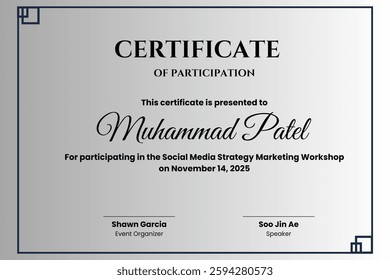 A sophisticated and stylish certificate template featuring a smooth gradient design. Perfect for awards, achievements, or recognition, it combines elegance with modern aesthetics, ensuring  professiol