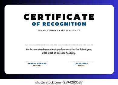 A sophisticated and stylish certificate template featuring a smooth gradient design. Perfect for awards, achievements, or recognition, it combines elegance with modern aesthetics, ensuring  professiol