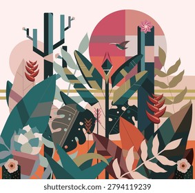 A sophisticated and stylish modern flat vector illustration featuring a layered, geometric botanical landscape. The composition is rich with tropical and desert flora, including stylized saguaro cacti, tall pillar cacti, large Monstera palm leaves, and various foliage in shades of emerald, sage, and olive green. Vibrant red Heliconia (lobster claw) flowers and delicate cactus blooms add pops of color.

In the center, a small flying hummingbird is depicted in a minimalist style. The foreground features a potted succulent and small patterned cactus pots resting on a warm terracotta orange ground. The background showcases abstract geometric circles in solid blush pink and a pink checkered pattern, accented by horizontal olive green stripes.

The overall color palette is muted, warm, and natural, evoking a trendy boho-minimalist vibe. This clean, geometric style is perfect for modern wall art, posters, textile design, or eco-friendly branding.