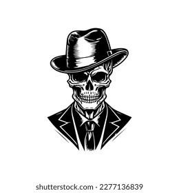 A sophisticated and stylish skull wearing a suit and hat in a Hand drawn illustration with a touch of elegance and personality