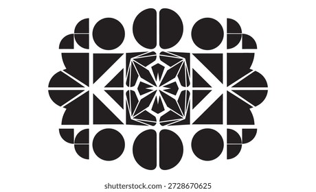 Eine ausgeklügelte symmetrische geometrische Komposition mit einer ausgewogenen Anordnung schwarzer Vektordreiecke, Halbkreise und komplizierter linearer Formen. Dieses minimalistische abstrakte Ornament ist inspiriert von modernen architektonischen Mustern und zeitgenössischer Mandalakunst. Perfekt für Luxusmarken, Avantgarde-Poster, Fliesenmuster, kreative Wandkunst und elegante Buchcover-Designs. Hochwertige Vektorelemente mit sauberer, professioneller Ästhetik.