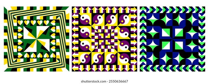 Sofisticados patrones simétricos que combinan efectos ópticos y contrastes llamativos. Ideal para moda, packaging y diseños artísticos digitales.