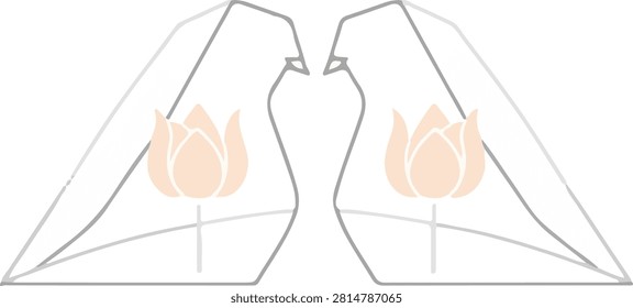 A sophisticated and symmetrical vector emblem depicting two stylized birds facing each other, rendered in clean, minimalist geometric line art. Each bird features a subtle, soft-toned floral motif at its center, creating a balanced composition that suggests unity, partnership, and natural grace. This refined design is perfectly suited for wellness and harmony-themed branding, boutique stationery, wedding or event identity, or any project that requires a balanced, clean, and elegant avian graphic.