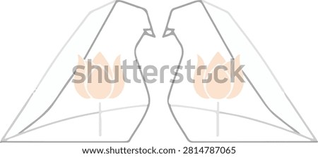 A sophisticated and symmetrical vector emblem depicting two stylized birds facing each other, rendered in clean, minimalist geometric line art. Each bird features a subtle, soft-toned floral motif at its center, creating a balanced composition that suggests unity, partnership, and natural grace. This refined design is perfectly suited for wellness and harmony-themed branding, boutique stationery, wedding or event identity, or any project that requires a balanced, clean, and elegant avian graphic.