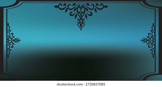 Un sofisticado fondo verde azulado y negro con un marco adornado con detallados patrones florales y de volutas en las esquinas y en el centro superior, creando un borde clásico y decorativo.