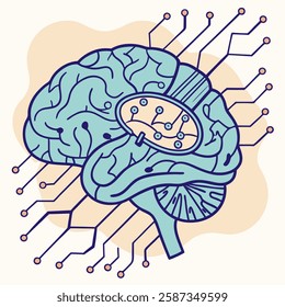 Sophisticated teal brain illustration, detailed neural pathways, circuit connections, AI concept.  Perfect for tech, neuroscience, AI projects, websites, presentations.  High-resolution.