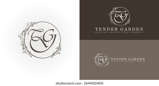 Sophisticated TG monogram for high-end wedding planning. Encapsulates personalized service and elegant event design within a beautiful, organic wreath.