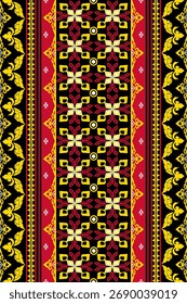A sophisticated Thai damask pattern featuring intricate floral and geometric motifs in black, red, and gold tones. The design reflects elegance and cultural richness, perfect for textiles, wallpapers.