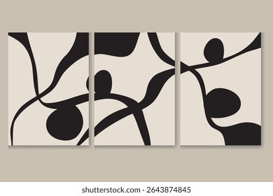 A sophisticated triptych showcases a mesmerizing interplay of black and white abstract forms, evoking a sense of modern elegance and artistic depth.