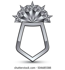 Sophisticated vector blazon with five silver stars, silvery 3d design element, metallic clear EPS 8 emblem.