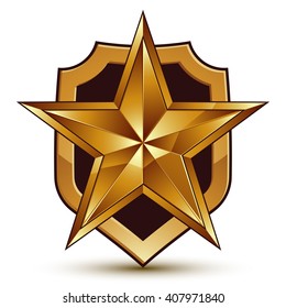 Sophisticated vector blazon with golden star emblem, 3d pentagonal design element
