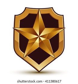 Sophisticated vector blazon with a golden star emblem, 3d pentagonal design element

